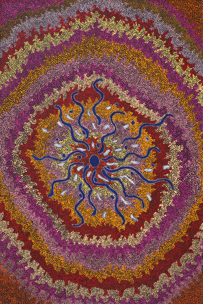 Aboriginal Artwork by Peggy Napurrurla Granites, Pirlarla Jukurrpa (Dogwood Tree Bean Dreaming), 91x61cm