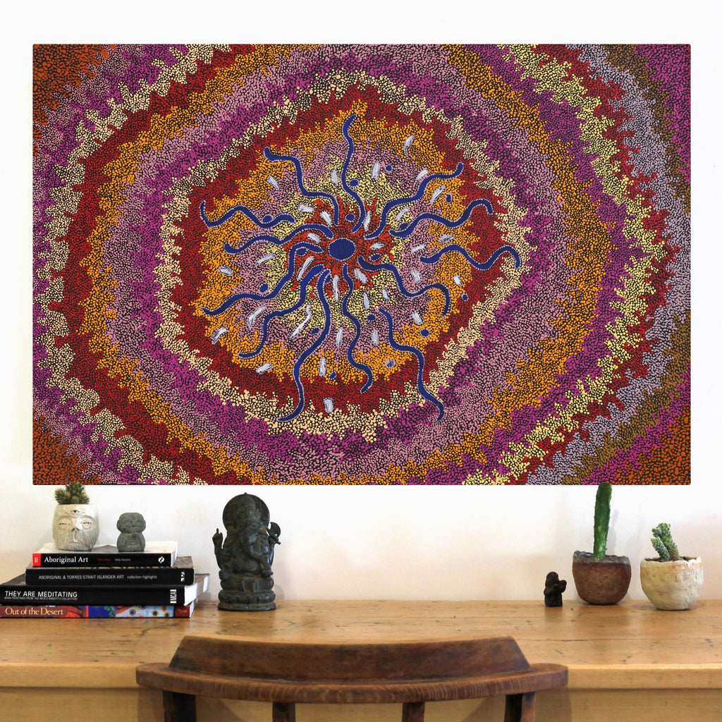 Aboriginal Artwork by Peggy Napurrurla Granites, Pirlarla Jukurrpa (Dogwood Tree Bean Dreaming), 91x61cm