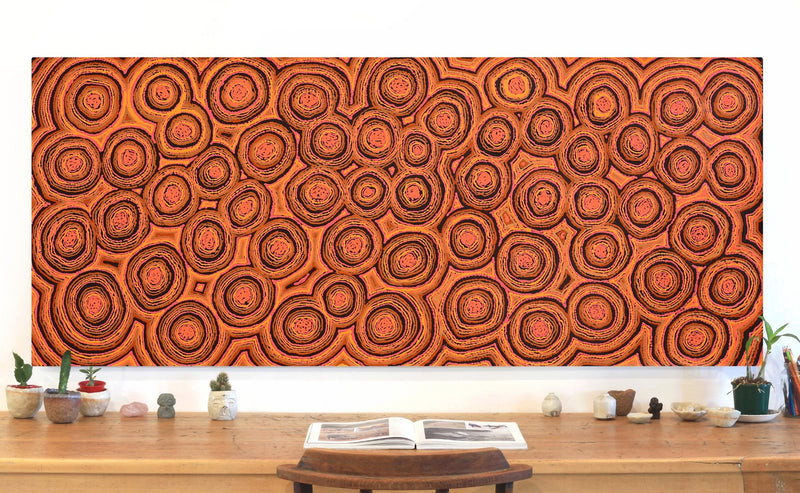Aboriginal Artwork by Sarah Napaljarri Simms, Mina Mina Jukurrpa (Mina Mina Dreaming), 183x76cm