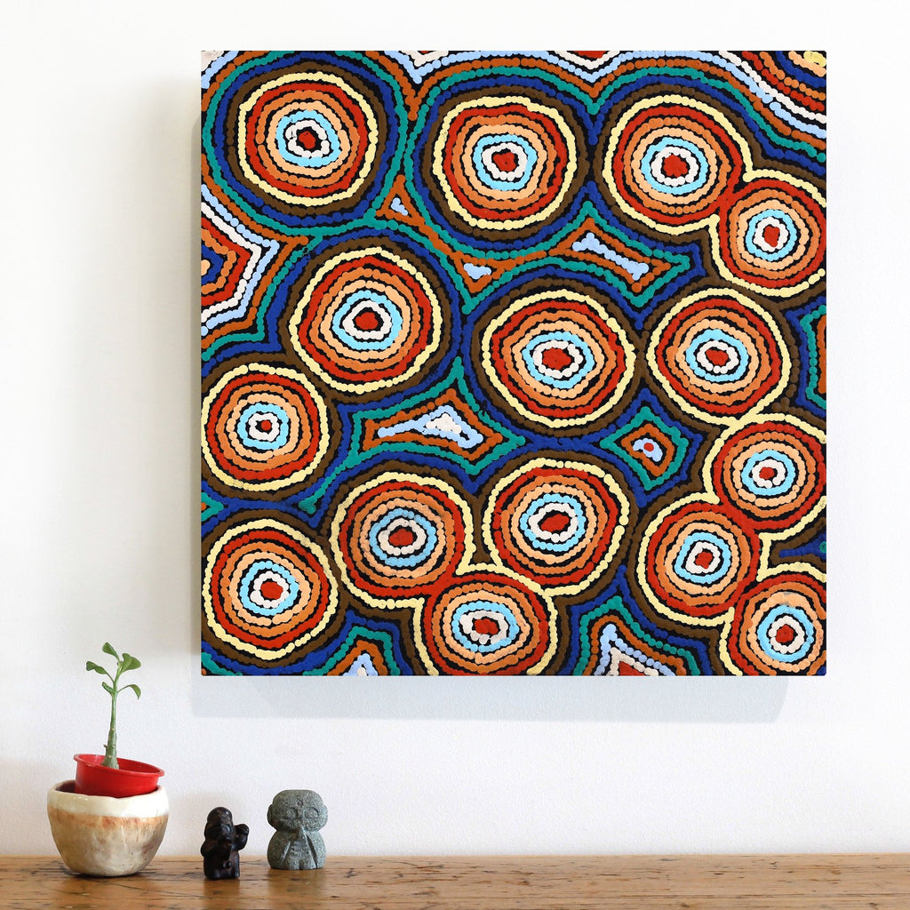 Aboriginal Artwork by Sarah Napaljarri Sims, Mina Mina Jukurrpa (Mina Mina Dreaming) - Ngalyipi, 46x46cm - ART ARK®