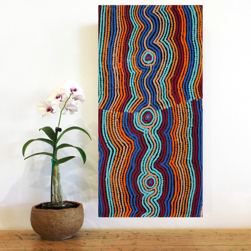 Aboriginal Artwork by Selina Napanangka Fisher, Pikilyi Jukurrpa (Vaughan Springs Dreaming) - Nguri Bird, 61x30cm