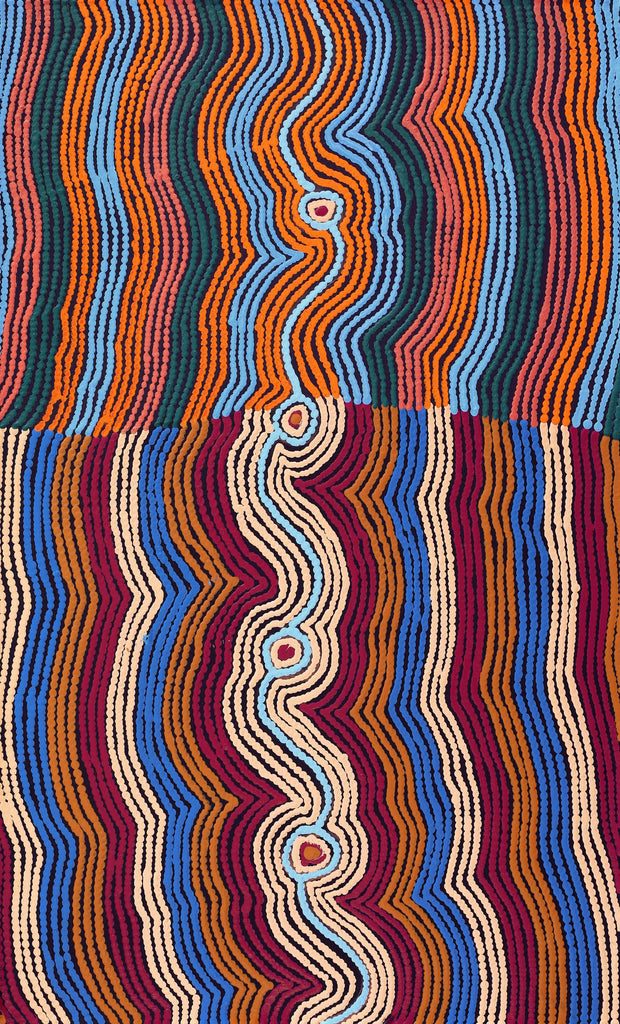 Aboriginal Artwork by Selina Napanangka Fisher, Pikilyi Jukurrpa (Vaughan Springs Dreaming) - Nguri Bird, 76x46cm
