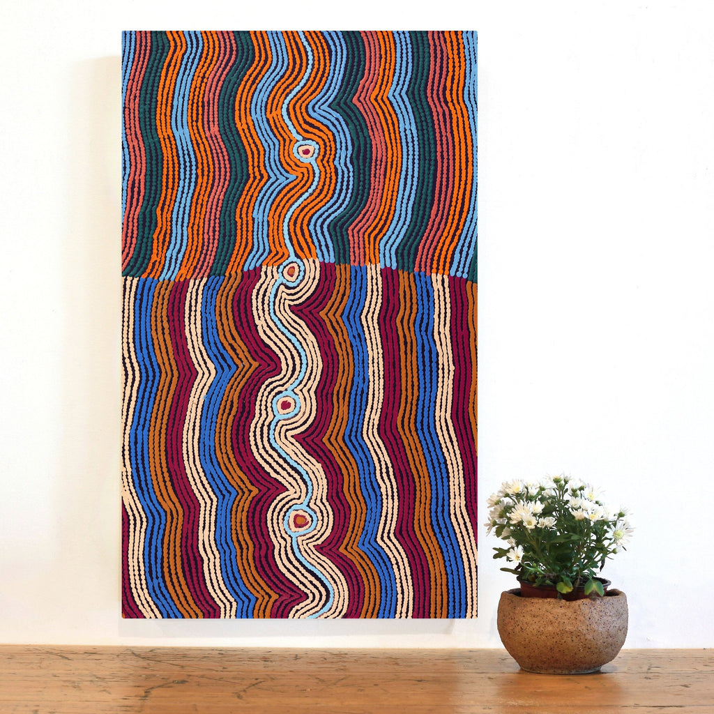 Aboriginal Artwork by Selina Napanangka Fisher, Pikilyi Jukurrpa (Vaughan Springs Dreaming) - Nguri Bird, 76x46cm