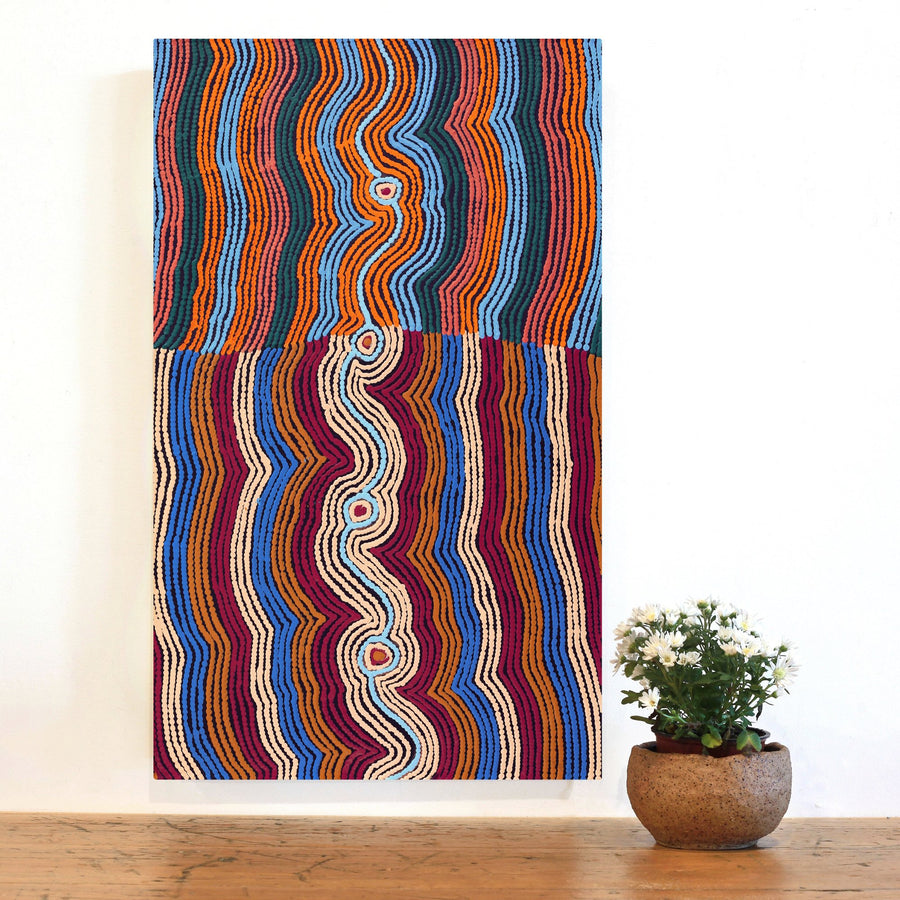 Aboriginal Artwork by Selina Napanangka Fisher, Pikilyi Jukurrpa (Vaughan Springs Dreaming) - Nguri Bird, 76x46cm