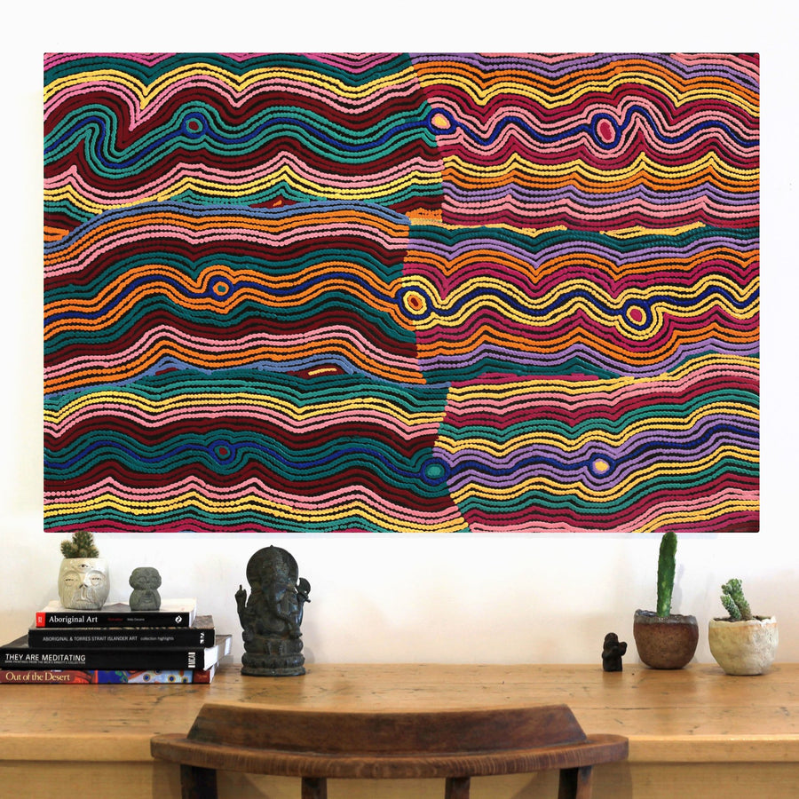 Aboriginal Artwork by Selina Napanangka Fisher, Pikilyi Jukurrpa (Vaughan Springs Dreaming) - Nguri Bird, 91x61cm
