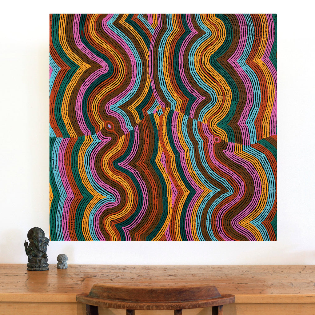 Aboriginal Artwork by Selina Napanangka Fisher, Pikilyi Jukurrpa (Vaughan Springs Dreaming) - Nguri Bird, 91x91cm