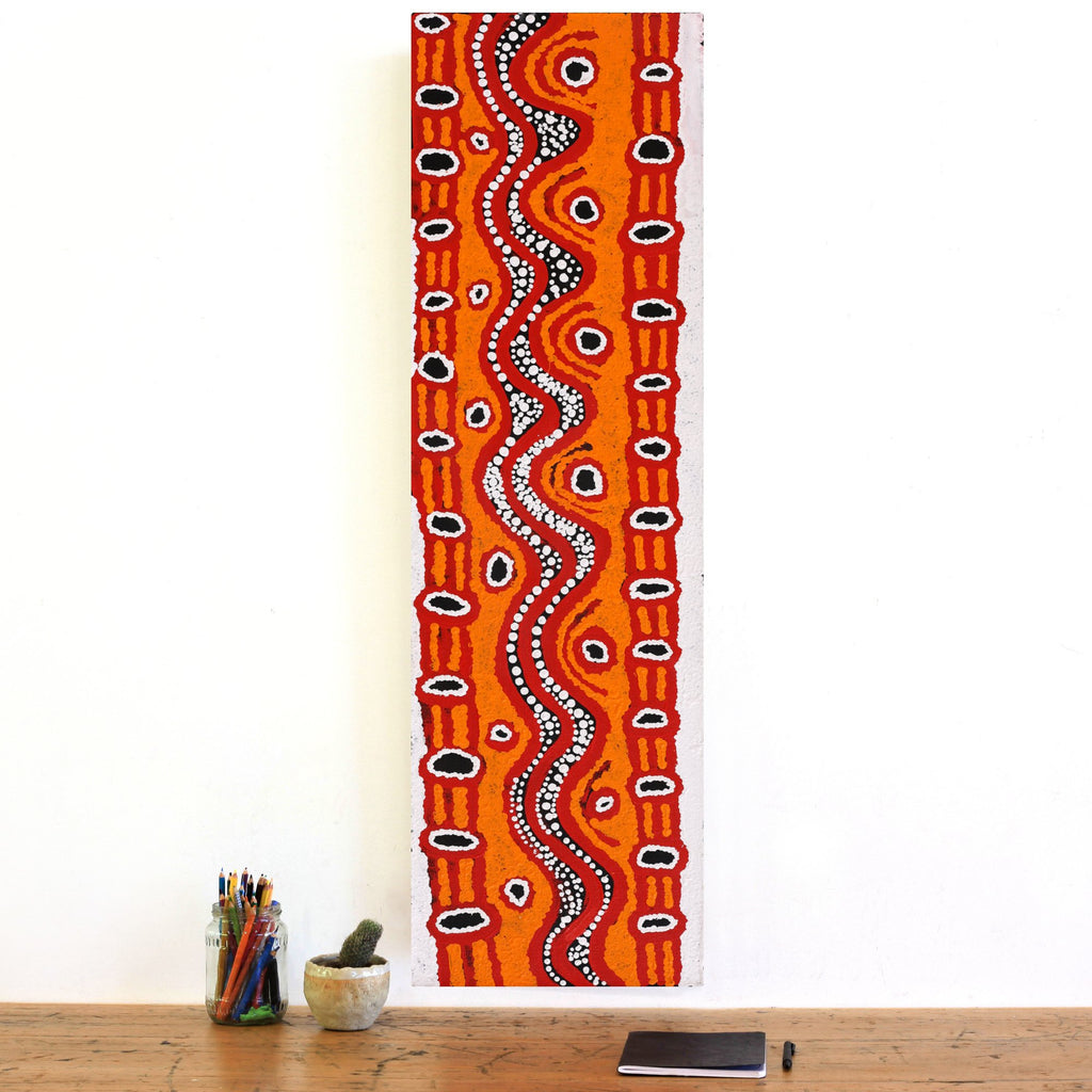 Aboriginal Art by Shaimaya Nampijinpa Brown, Luurnpa Jukurrpa (Kingfisher Dreaming) - Lake MacKay, 107x30cm - ART ARK®