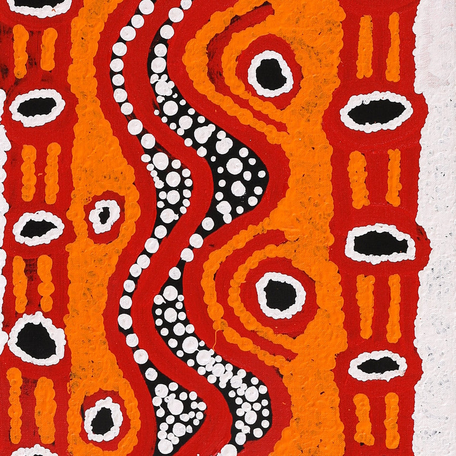 Aboriginal Artwork by Shaimaya Nampijinpa Brown, Luurnpa Jukurrpa (Kingfisher Dreaming) - Lake MacKay, 107x30cm