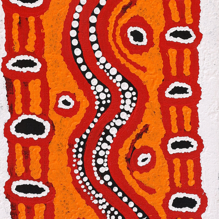 Aboriginal Artwork by Shaimaya Nampijinpa Brown, Luurnpa Jukurrpa (Kingfisher Dreaming) - Lake MacKay, 107x30cm