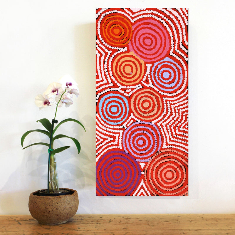 Aboriginal Artwork by Shaimaya Nampijinpa Brown, Luurnpa Jukurrpa (Kingfisher Dreaming) - Lake MacKay, 61x30cm