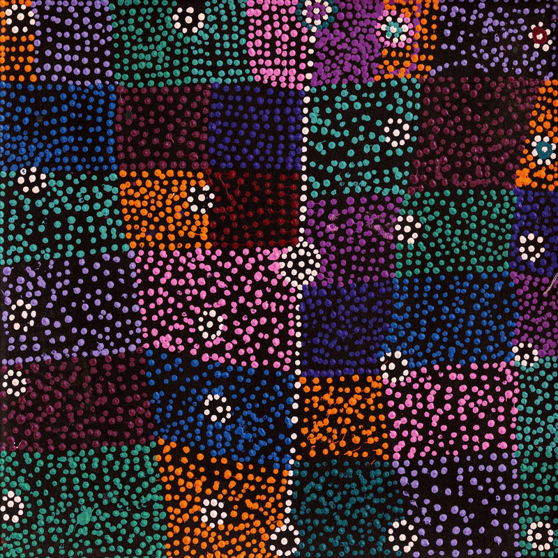 Aboriginal Artwork by Sheree Napurrurla Wayne, Lukarrara Jukurrpa (Desert Fringe-rush Seed Dreaming), 46x46cm