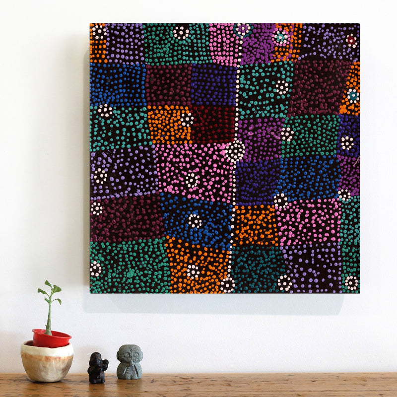 Aboriginal Artwork by Sheree Napurrurla Wayne, Lukarrara Jukurrpa (Desert Fringe-rush Seed Dreaming), 46x46cm