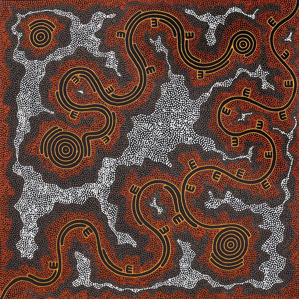 Aboriginal Artwork by Stephanie Napurrurla Nelson, Janganpa Jukurrpa (Brush-tail Possum Dreaming) - Mawurrji, 107x107cm