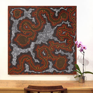 Aboriginal Art by Stephanie Napurrurla Nelson, Janganpa Jukurrpa (Brush-tail Possum Dreaming) - Mawurrji, 107x107cm - ART ARK®