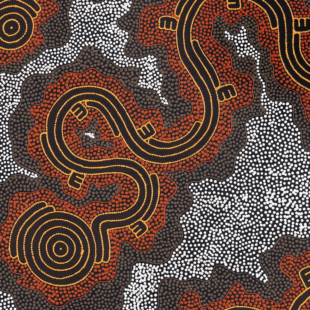 Aboriginal Art by Stephanie Napurrurla Nelson, Janganpa Jukurrpa (Brush-tail Possum Dreaming) - Mawurrji, 107x107cm - ART ARK®