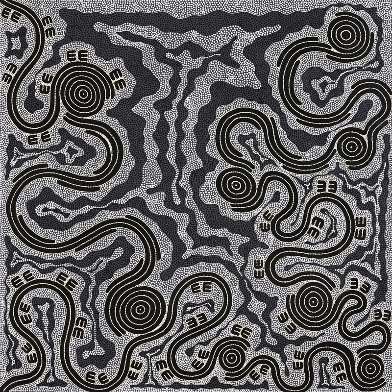 Aboriginal Artwork by Stephanie Napurrurla Nelson, Janganpa Jukurrpa (Brush-tail Possum Dreaming) - Mawurrji, 122x122cm