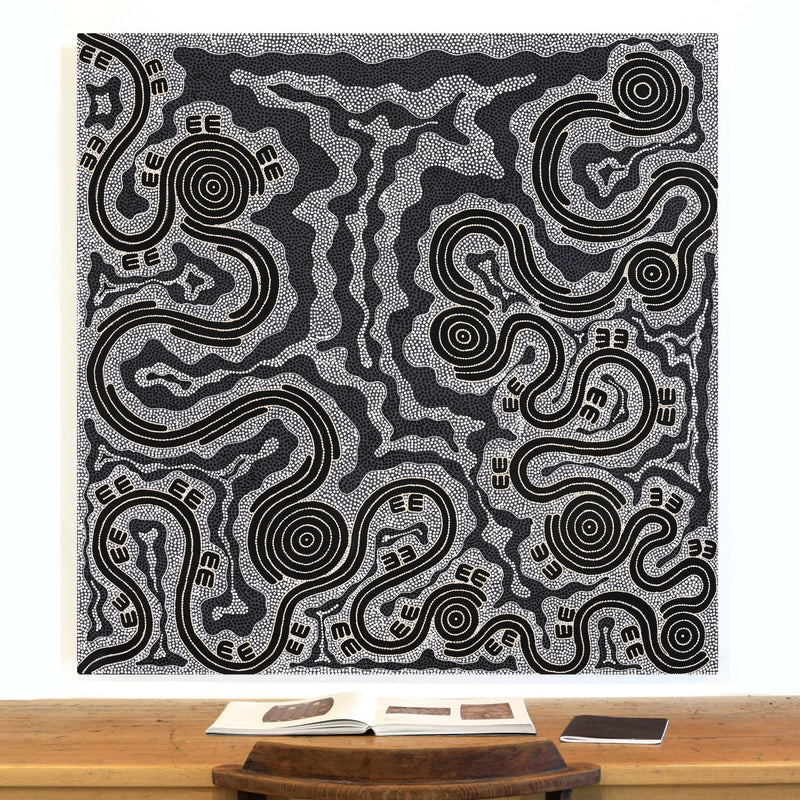 Aboriginal Artwork by Stephanie Napurrurla Nelson, Janganpa Jukurrpa (Brush-tail Possum Dreaming) - Mawurrji, 122x122cm