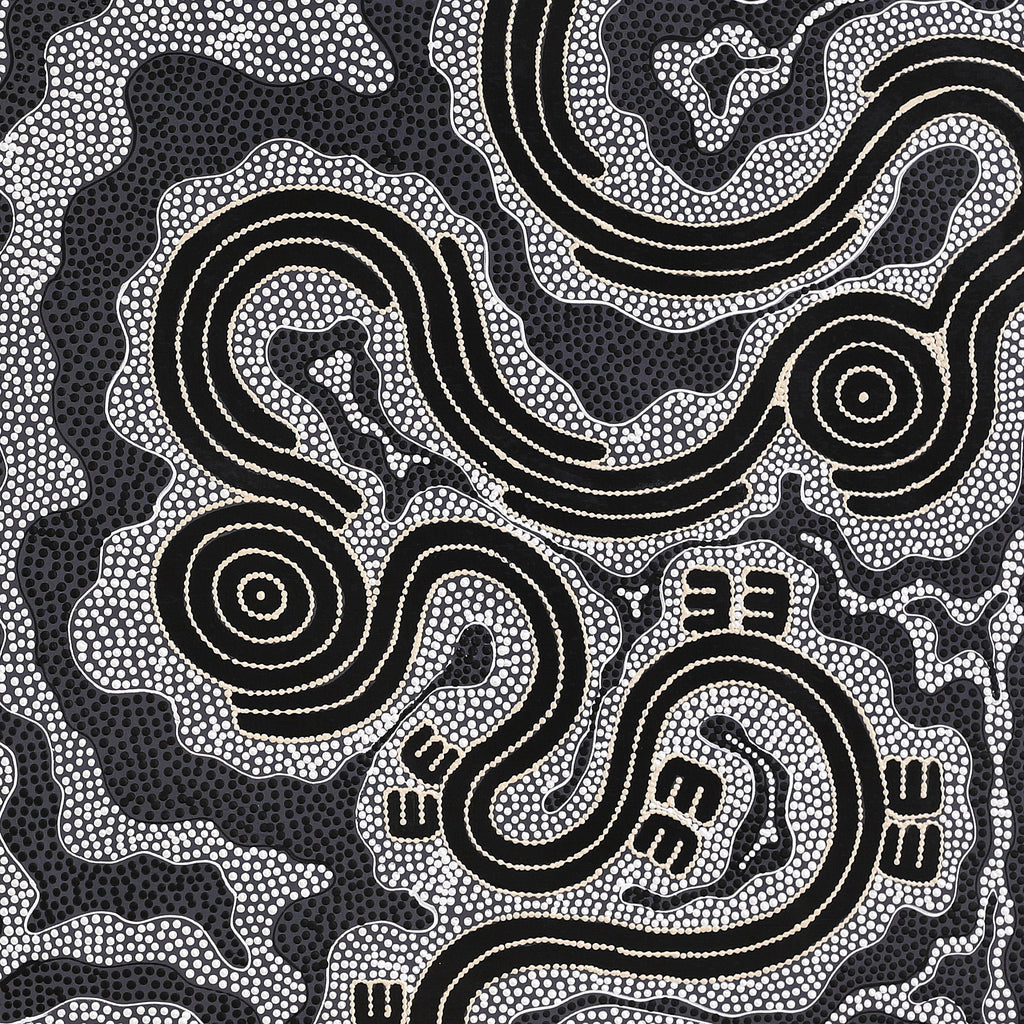 Aboriginal Artwork by Stephanie Napurrurla Nelson, Janganpa Jukurrpa (Brush-tail Possum Dreaming) - Mawurrji, 122x122cm