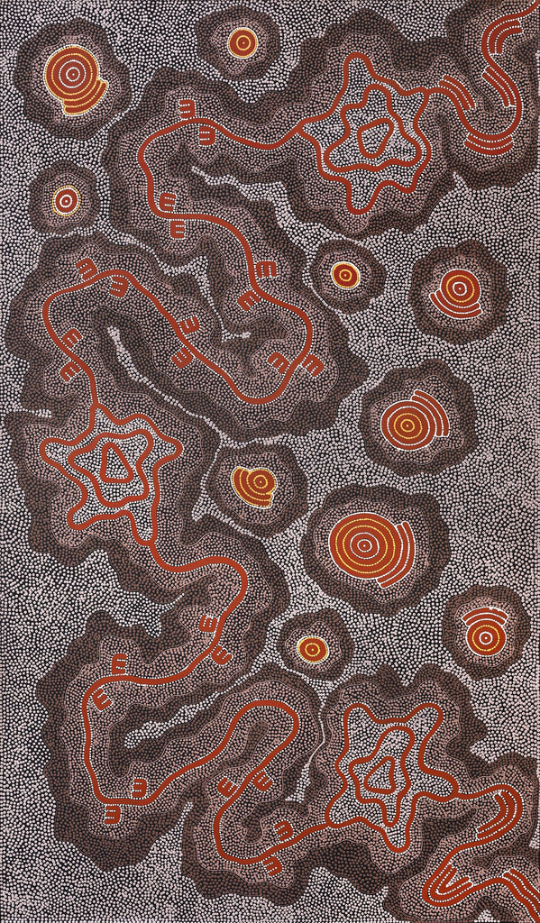 Aboriginal Art by Stephanie Napurrurla Nelson, Janganpa Jukurrpa (Brush-tail Possum Dreaming) - Mawurrji, 183x107cm - ART ARK®