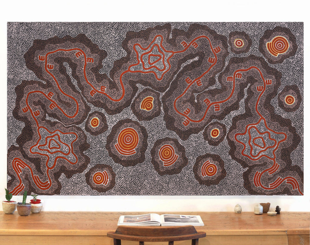 Aboriginal Artwork by Stephanie Napurrurla Nelson, Janganpa Jukurrpa (Brush-tail Possum Dreaming) - Mawurrji, 183x107cm