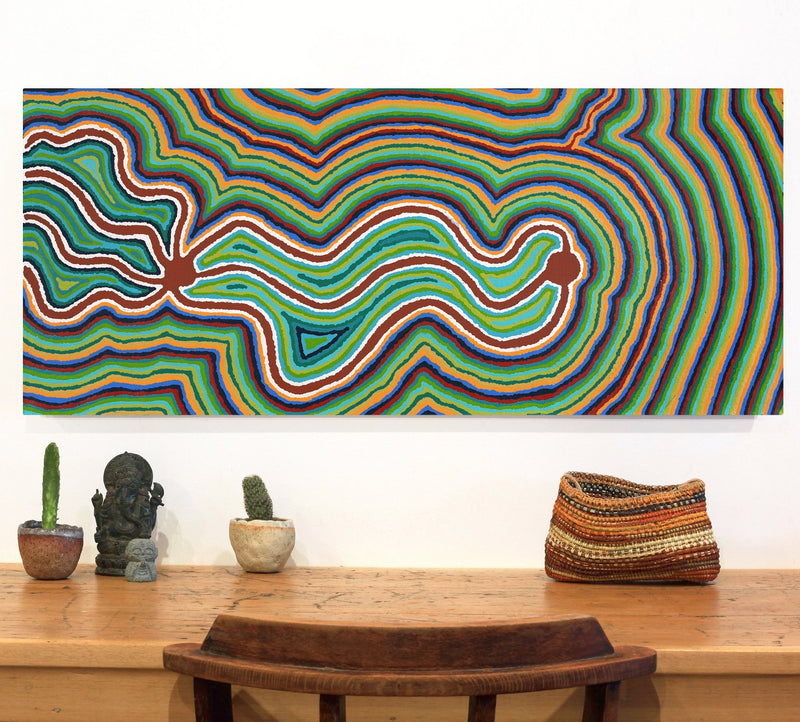 Aboriginal Artwork by Stephen Jakamarra Walker, Pirlarla Jukurrpa (Dogwood Tree Bean Dreaming), 107x46cm