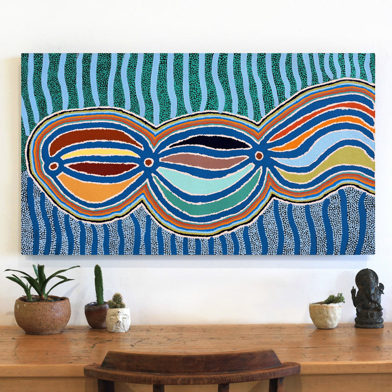 Aboriginal Artwork by Stephen Jakamarra Walker, Pirlarla Jukurrpa (Dogwood Tree Bean Dreaming), 107x61cm