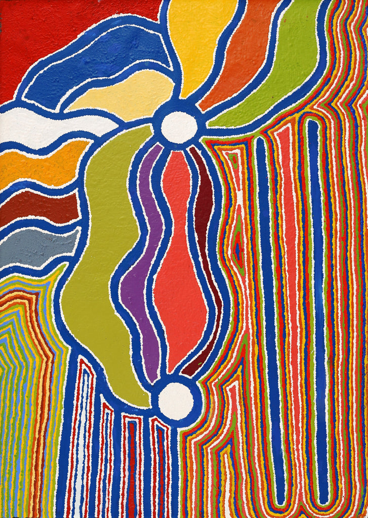 Aboriginal Artwork by Stephen Jakamarra Walker, Pirlarla Jukurrpa (Dogwood Tree Bean Dreaming), 107x76cm