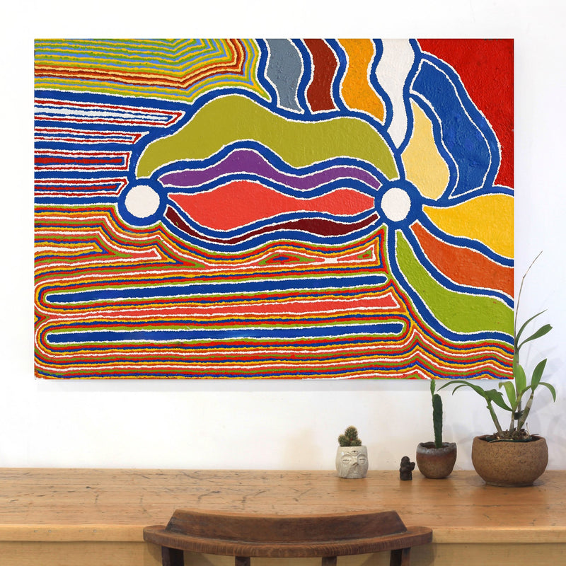 Aboriginal Artwork by Stephen Jakamarra Walker, Pirlarla Jukurrpa (Dogwood Tree Bean Dreaming), 107x76cm