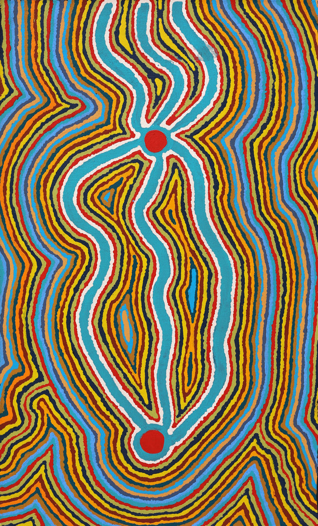 Aboriginal Artwork by Stephen Jakamarra Walker, Pirlarla Jukurrpa (Dogwood Tree Bean Dreaming), 76x46cm