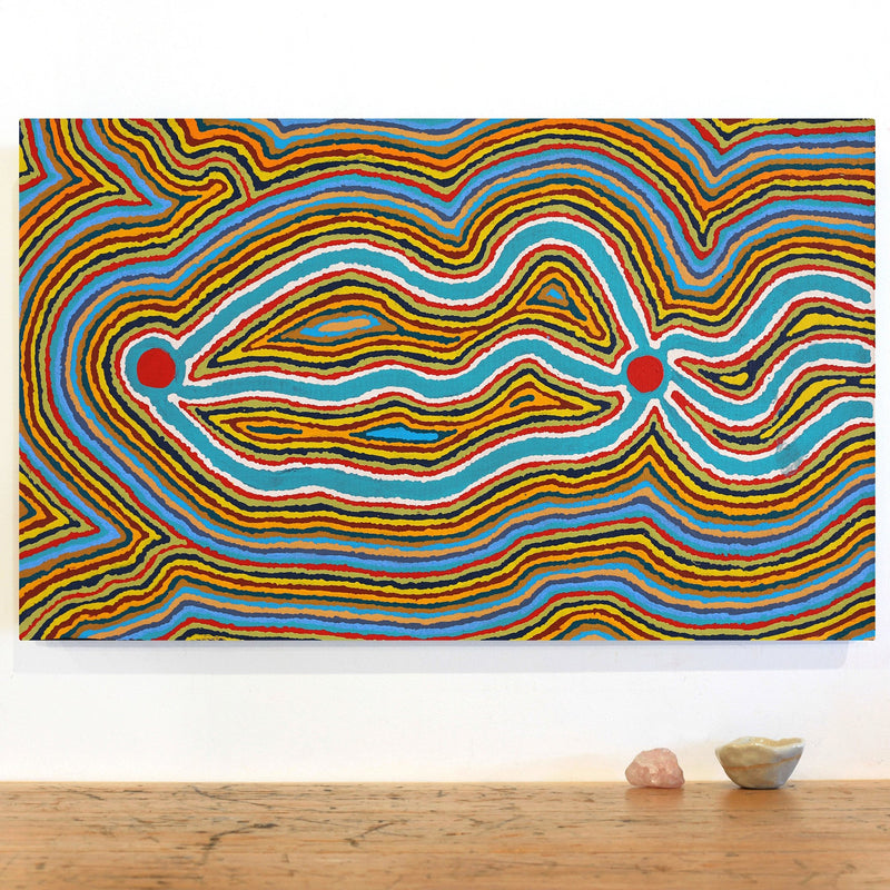 Aboriginal Artwork by Stephen Jakamarra Walker, Pirlarla Jukurrpa (Dogwood Tree Bean Dreaming), 76x46cm