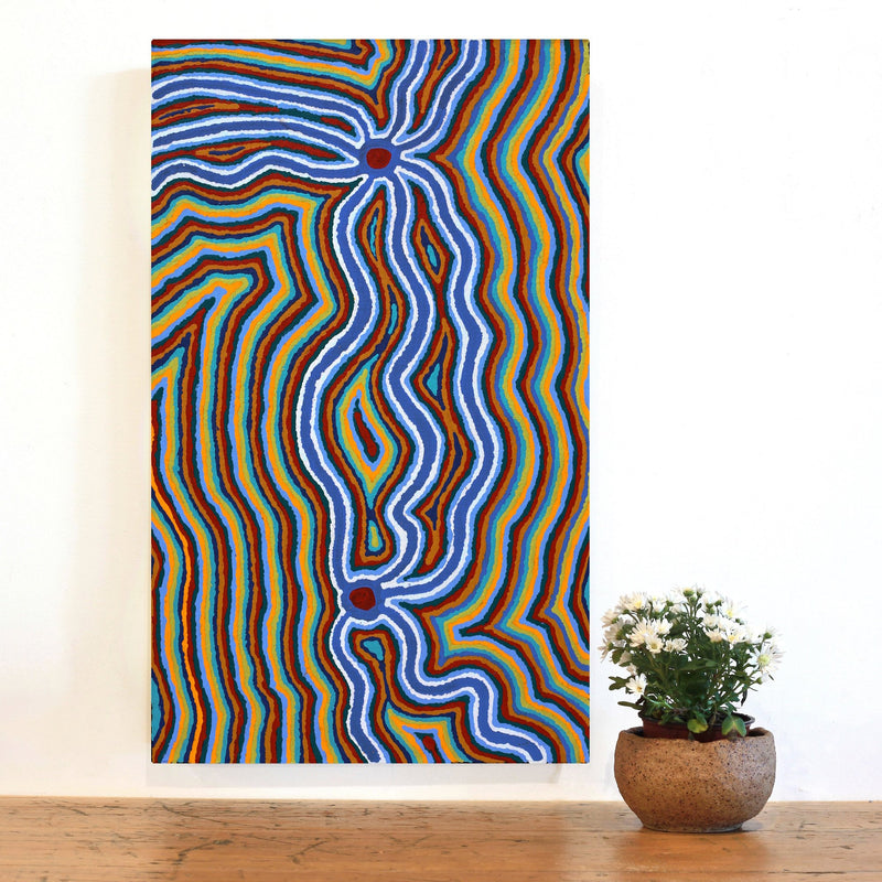 Aboriginal Artwork by Stephen Jakamarra Walker, Pirlarla Jukurrpa (Dogwood Tree Bean Dreaming), 76x46cm