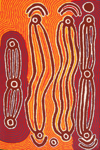 Aboriginal Artwork by Stephen Jakamarra Walker, Pirlarla Jukurrpa (Dogwood Tree Bean Dreaming), 91x61cm