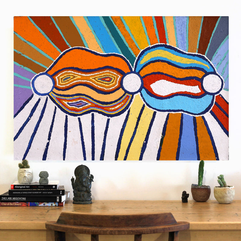 Aboriginal Artwork by Stephen Jakamarra Walker, Pirlarla Jukurrpa (Dogwood Tree Bean Dreaming), 91x61cm