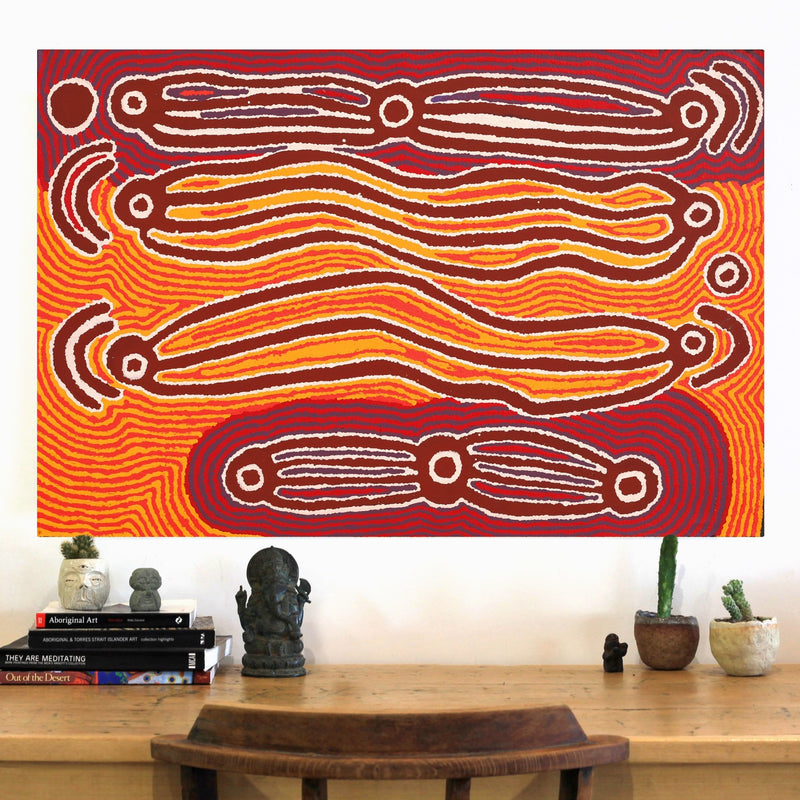 Aboriginal Artwork by Stephen Jakamarra Walker, Pirlarla Jukurrpa (Dogwood Tree Bean Dreaming), 91x61cm