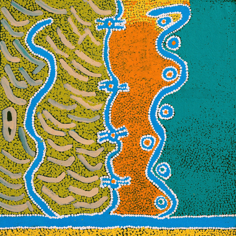 Aboriginal Artwork by Thomas Jangala Rice, Ngapa Jukurrpa (Water Dreaming) - Puyurru, 46x46cm