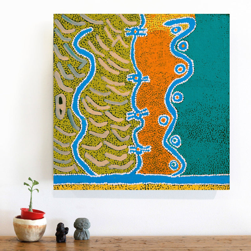 Aboriginal Artwork by Thomas Jangala Rice, Ngapa Jukurrpa (Water Dreaming) - Puyurru, 46x46cm