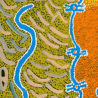 Aboriginal Artwork by Thomas Jangala Rice, Ngapa Jukurrpa (Water Dreaming) - Puyurru, 46x46cm