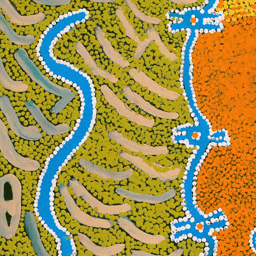Aboriginal Artwork by Thomas Jangala Rice, Ngapa Jukurrpa (Water Dreaming) - Puyurru, 46x46cm