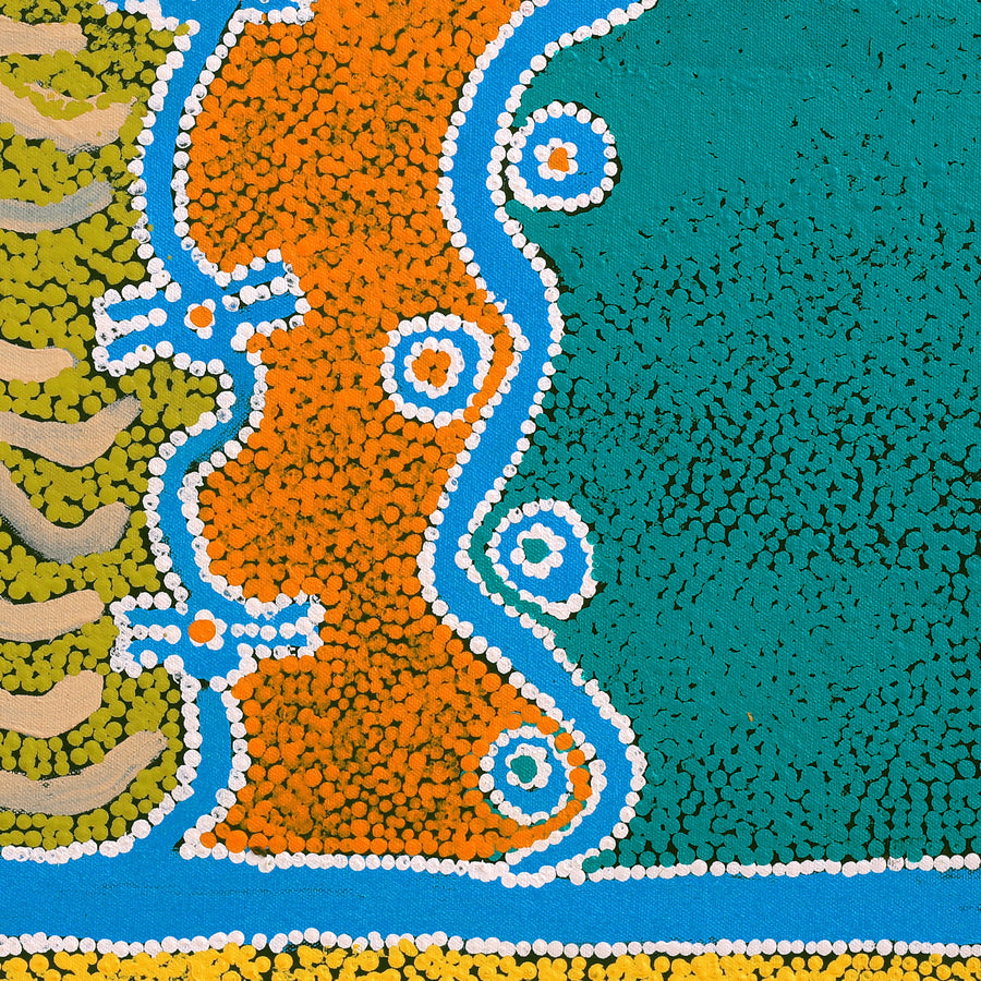 Aboriginal Artwork by Thomas Jangala Rice, Ngapa Jukurrpa (Water Dreaming) - Puyurru, 46x46cm