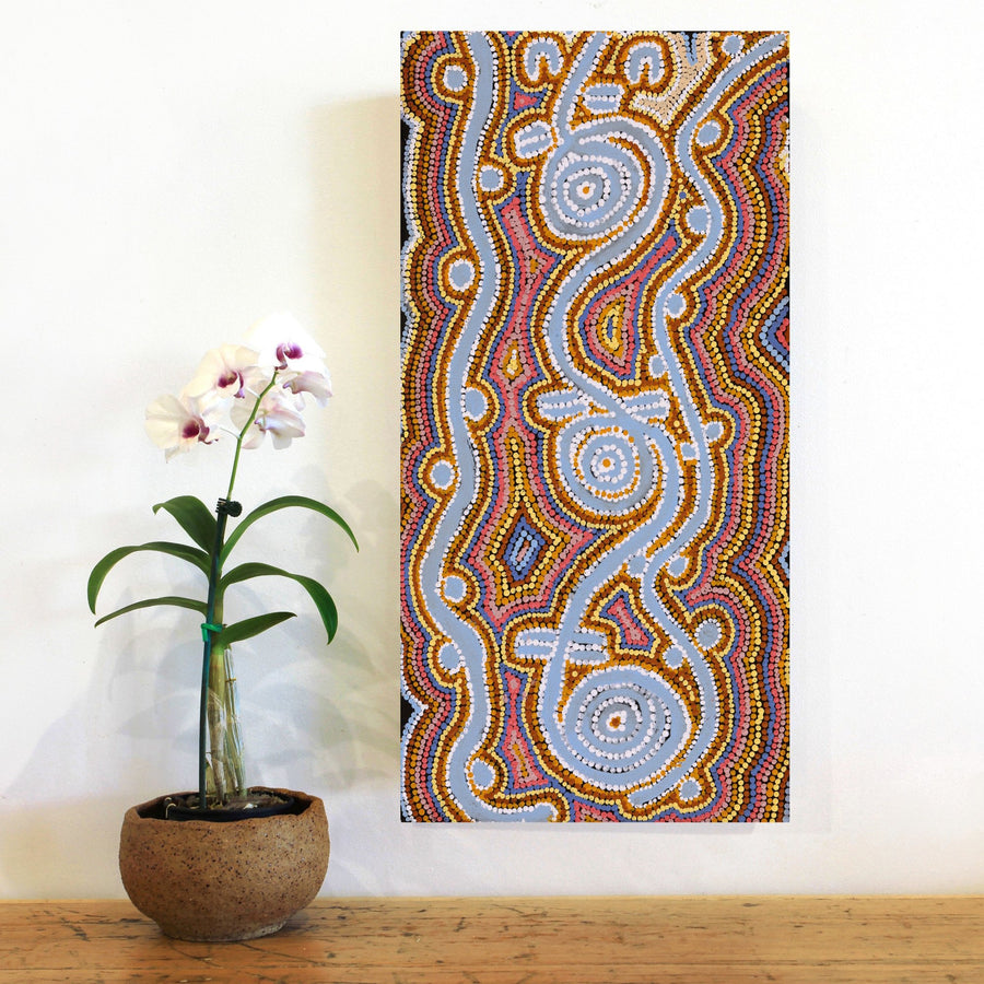 Aboriginal Artwork by Thomas Jangala Rice, Ngapa Jukurrpa (Water Dreaming) - Puyurru, 61x30cm