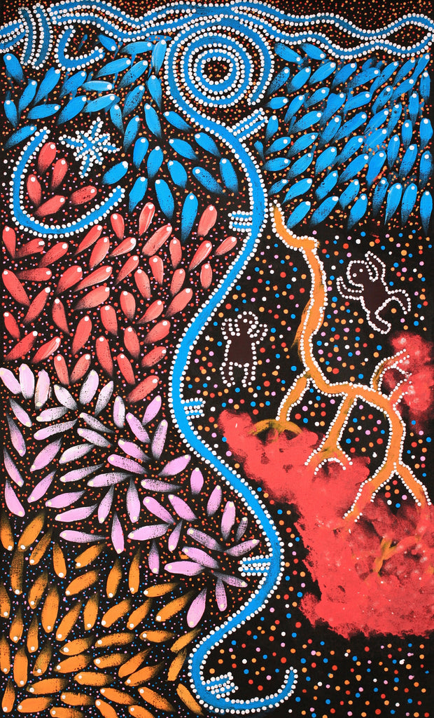 Aboriginal Artwork by Thomas Jangala Rice, Ngapa Jukurrpa (Water Dreaming) - Puyurru, 76x46cm