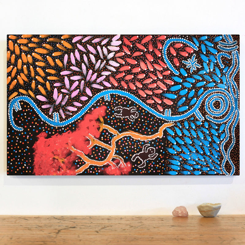 Aboriginal Artwork by Thomas Jangala Rice, Ngapa Jukurrpa (Water Dreaming) - Puyurru, 76x46cm