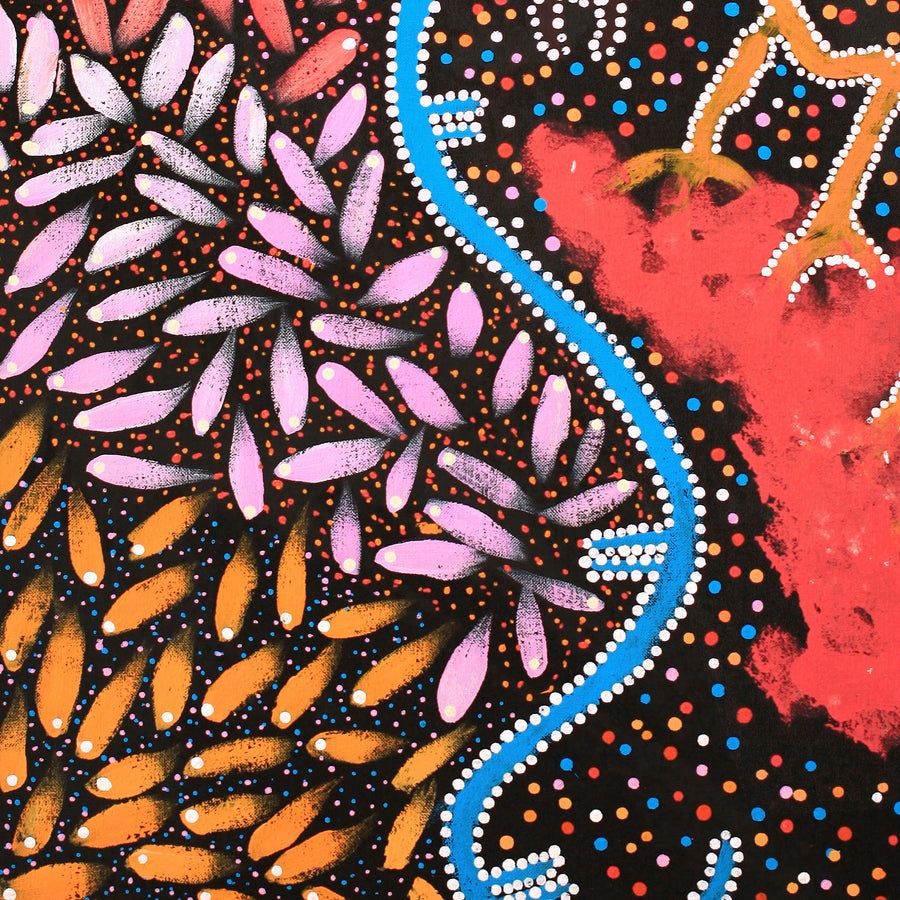 Aboriginal Artwork by Thomas Jangala Rice, Ngapa Jukurrpa (Water Dreaming) - Puyurru, 76x46cm