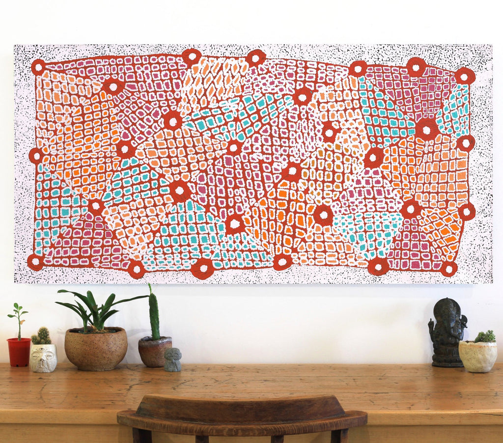 Aboriginal Artwork by Virginia Napaljarri Sims, Mina Mina Jukurrpa (Mina Mina Dreaming) - Ngalyipi, 122x61cm
