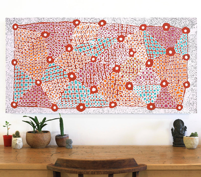 Aboriginal Artwork by Virginia Napaljarri Sims, Mina Mina Jukurrpa (Mina Mina Dreaming) - Ngalyipi, 122x61cm