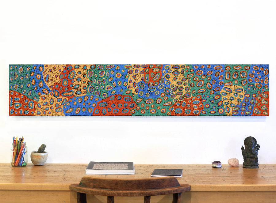 Aboriginal Artwork by Virginia Napaljarri Sims, Mina Mina Jukurrpa (Mina Mina Dreaming) - Ngalyipi, 152x30cm