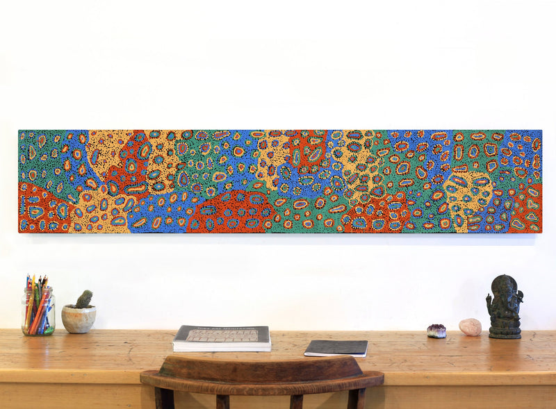 Aboriginal Artwork by Virginia Napaljarri Sims, Mina Mina Jukurrpa (Mina Mina Dreaming) - Ngalyipi, 152x30cm