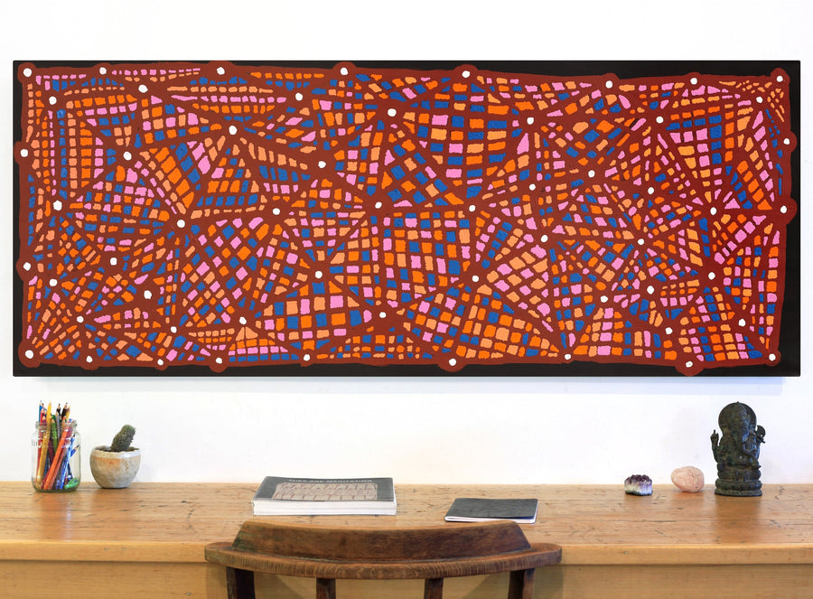 Aboriginal Artwork by Virginia Napaljarri Sims, Mina Mina Jukurrpa (Mina Mina Dreaming) - Ngalyipi, 152x61cm