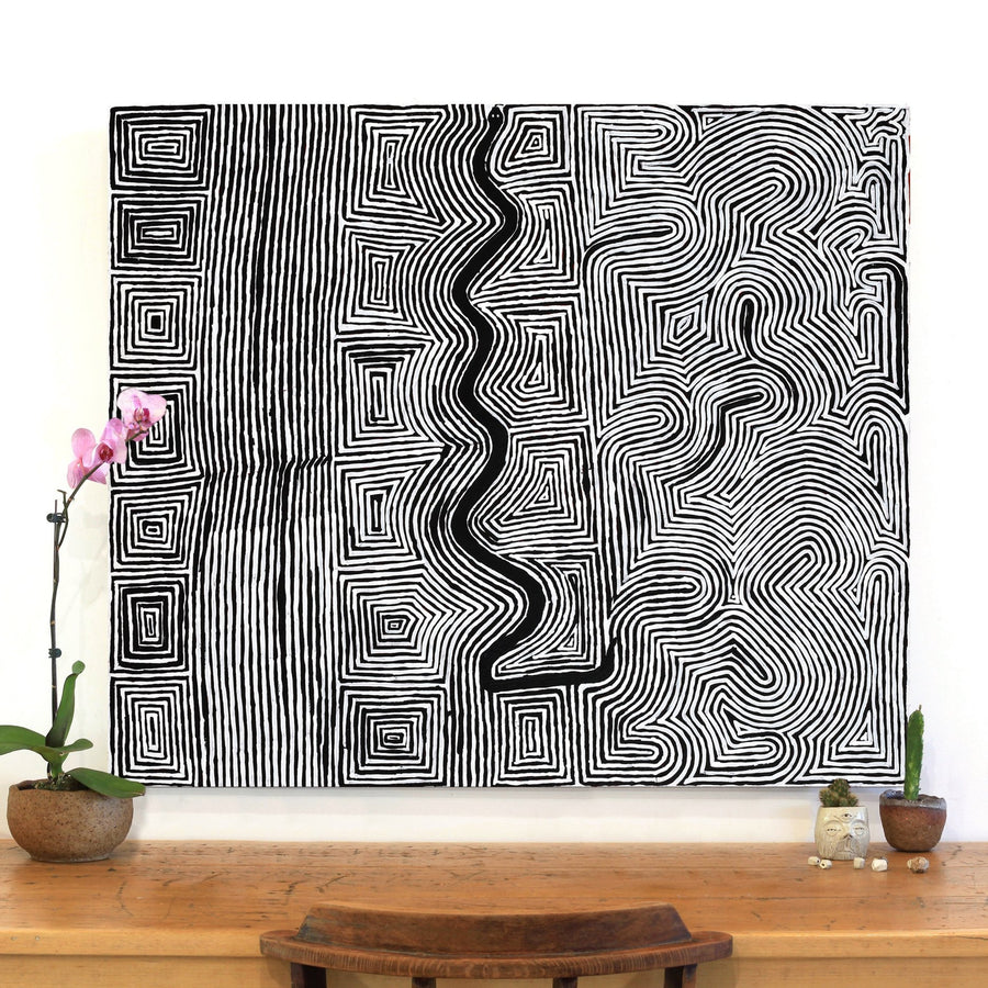 Aboriginal Artwork by Walter Jangala Brown, Tingari Cycle, 107x91cm