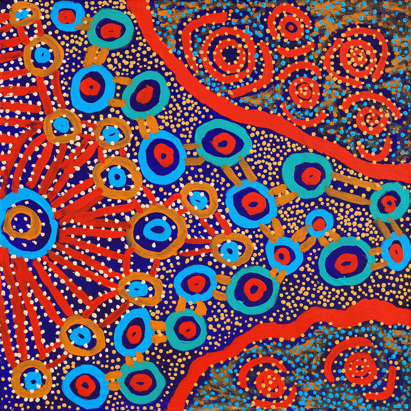Aboriginal Artwork by Watson Jangala Robertson, Ngapa Jukurrpa (Water Dreaming) - Puyurru, 61x61cm